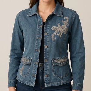 Live A Little Women's Denim Jacket Medium Wash Embroidered Boho Festival Retro L